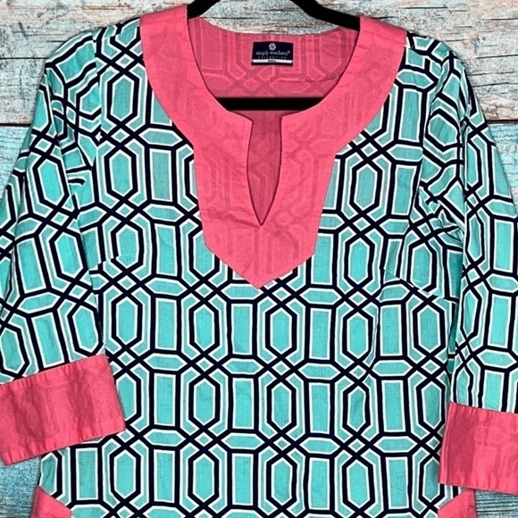 Simply Southern Tunic Top Small Geometric Print Blue Pink Split Sides Logo - Picture 4 of 9